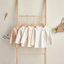 

Toddler Baby Girl Bottoming Shirt 2022 Spring New Cute Solid Peter Pan Collar Tops for Newborns Long Sleeve Cotton Kids Clothes