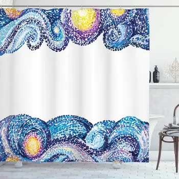 

Starry Night Shower Curtain, Dots Wave Design with Watercolor Brush Strokes Nautical Inspirations, Cloth Fabric Bathroom Decor