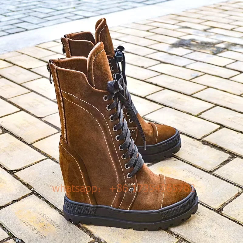

8cm Wedges Brown Lace Up Back Zipper Shoes Luxury Design Round Toe Ankle Boots Women Cow Suede High Top Shoes 2022 New