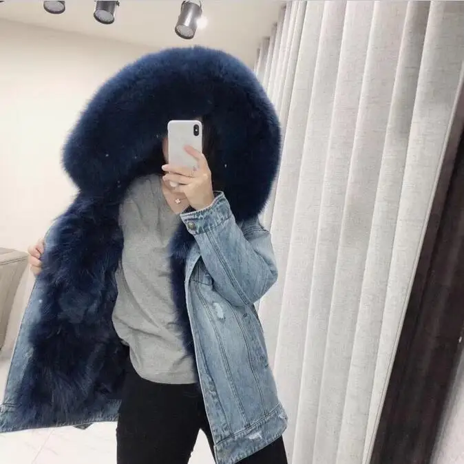 Роскошное Женское пальто женские зимние меховые пальто с капюшоном из лисьего меха дизайнерские зимние куртки длинное пальто с воротником из джинсовой ткани