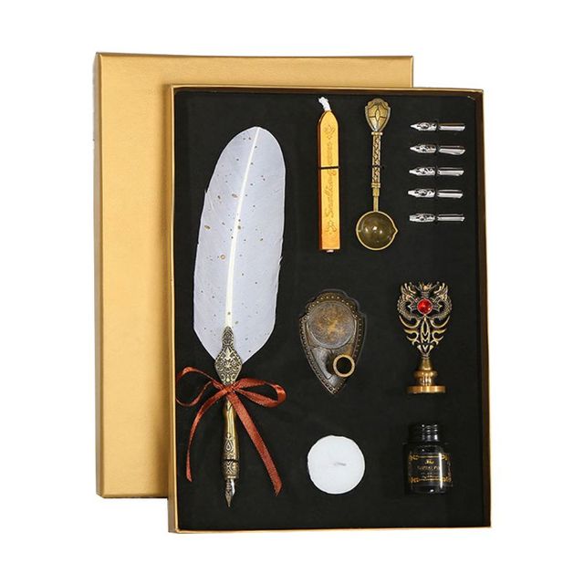 Gold Luxury Vintage Feather Quill Dip Calligraphy Fountain Pen Writing Ink 5 Nibs Set Stationery Gift Box