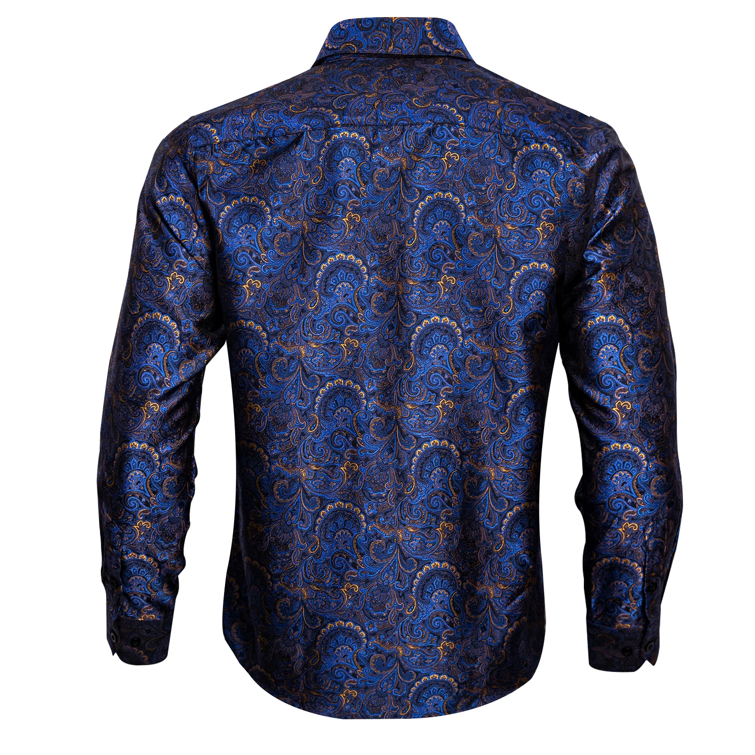 Barry.Wang Blue Gold Paisley Bright Silk Shirts Men Long Sleeve Casual Flower Shirts For Men Designer Fit Dress BCY-07
