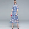 New Summer Runway Flower Embroidery Dress Women's Flare Sleeve Stand Floral Blue Hollow out Embroidered Long Mesh Dresses ► Photo 3/5