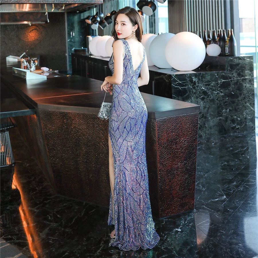 Вечернее платье с двойным v-образным вырезом размера плюс Robe De Soiree DX264-1 тонкое женское вечернее платье с открытой спиной вечерние платья с разрезом по бокам
