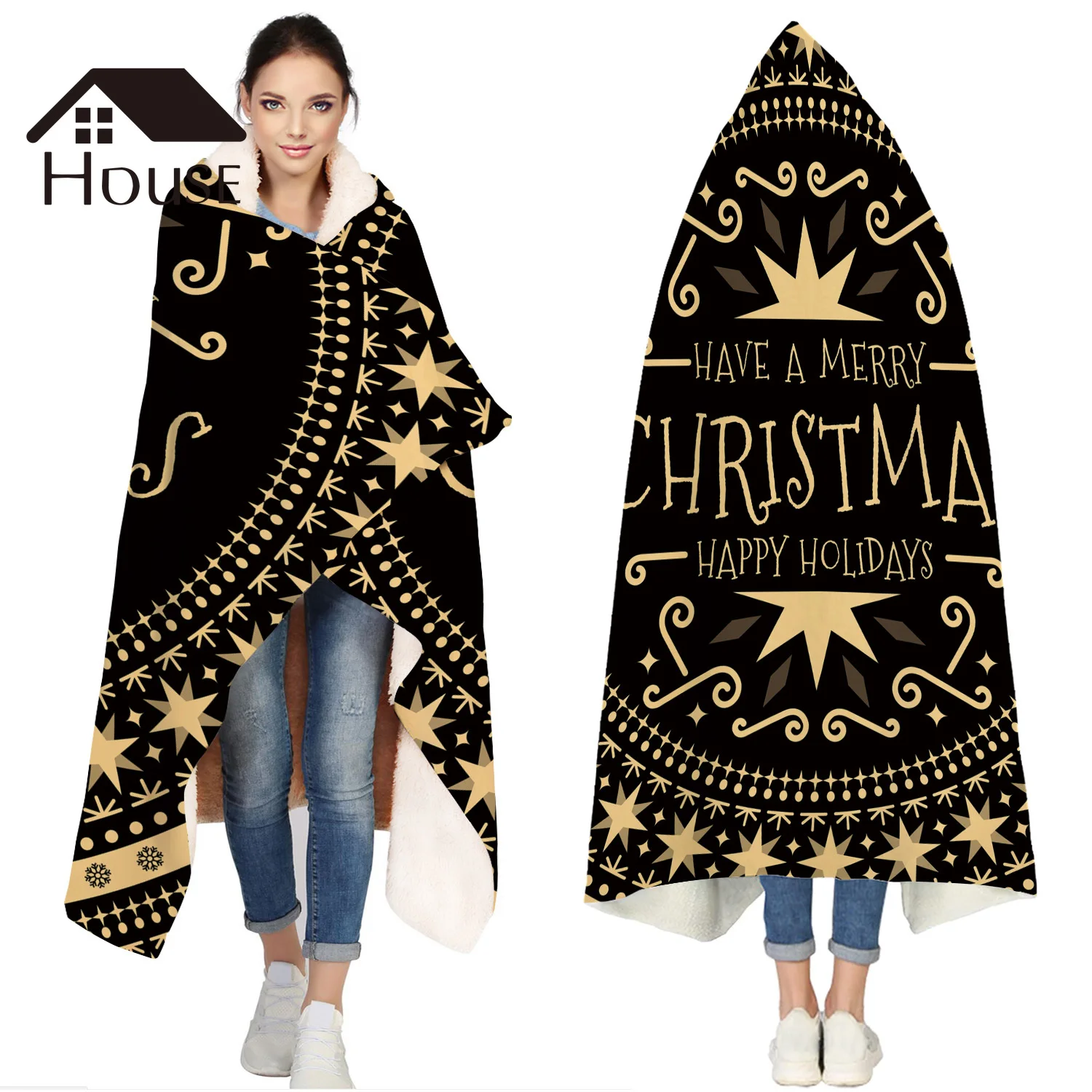

Christmas Themed Bback Mandala Pattern Portable Wearable Fluffy Custom Hooded Blanket Fleece Hooded Throw WrapBed Blanket