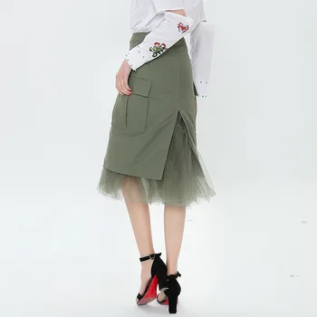 

Gao Waist Big Pocket Bag Hip Skirt After Split Mesh Splicing Half Body Skirt Female
