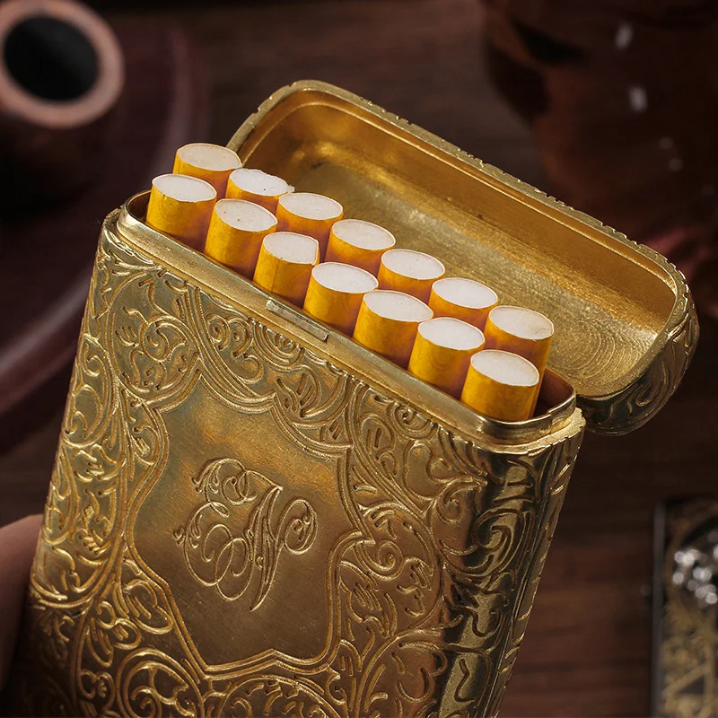 Retro Pure Copper Hand-carved Cigarette Case for 14 Cigarettes Peaky Blinders Flick Box Holder Portable Smoking Tools Gold