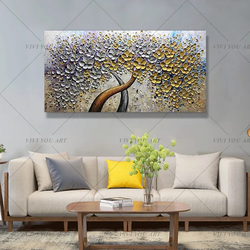 Абстрактные настенные художественные картины ручная роспись нож золотое дерево картина маслом на холсте большая палитра 3D картины для гостиной современные