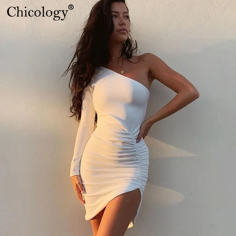 Женское однотонное мини-платье Chicology офисное Повседневное платье на одно плечо с