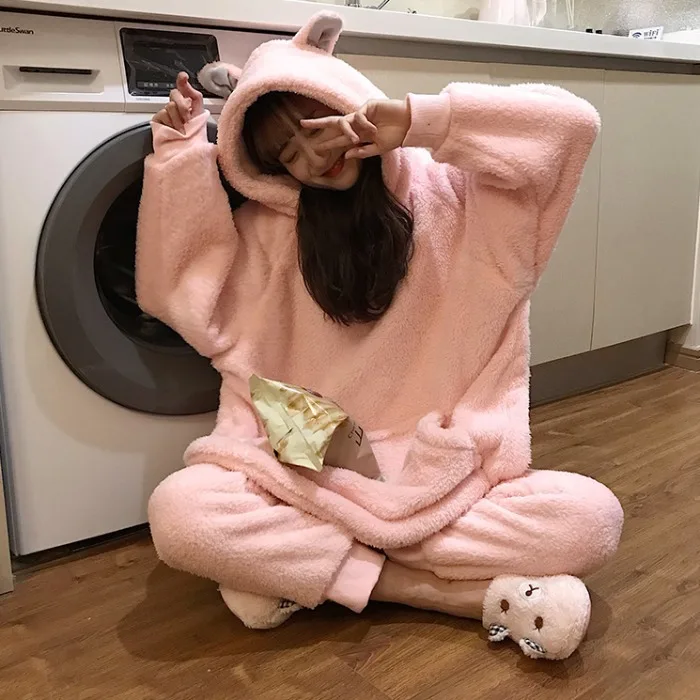 

Winter Pajamas WOMEN'S Suit Korean-style Loose-Fit Velvet Hooded Rabbit Eared Home Wear Pajama Pants Trousers Two-Piece Set
