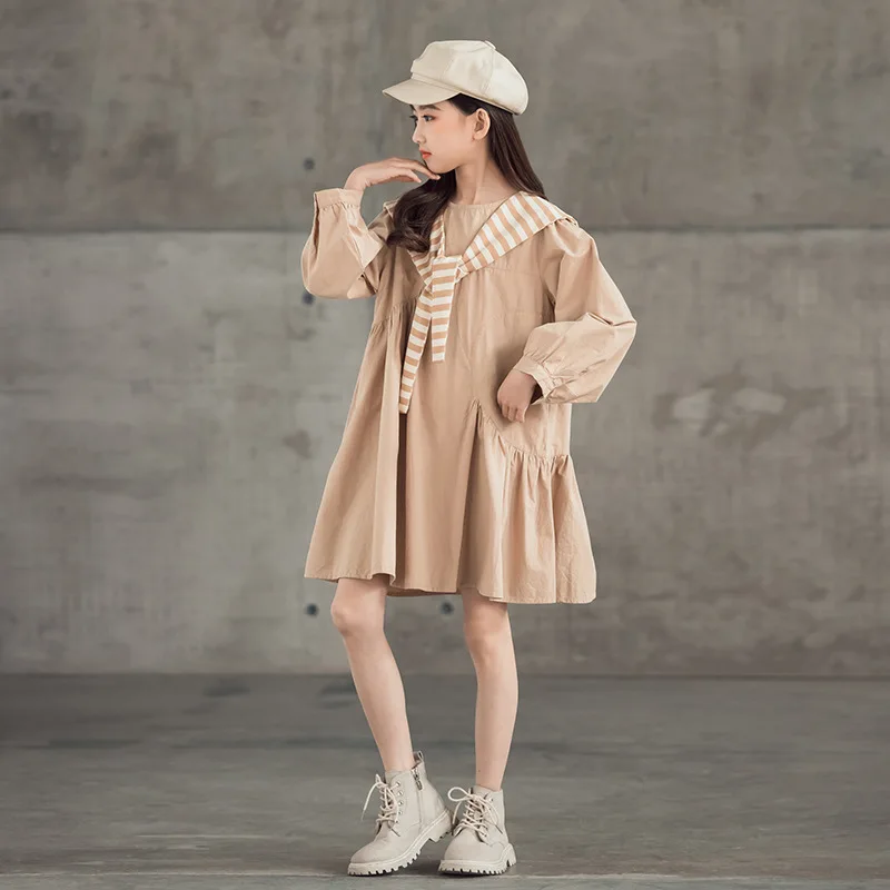 

10 12 years Girls Striped Collar Long Sleeve Cotton Dress Fashion Loose Big Girl Teen Girls Spring Autumn Dresses