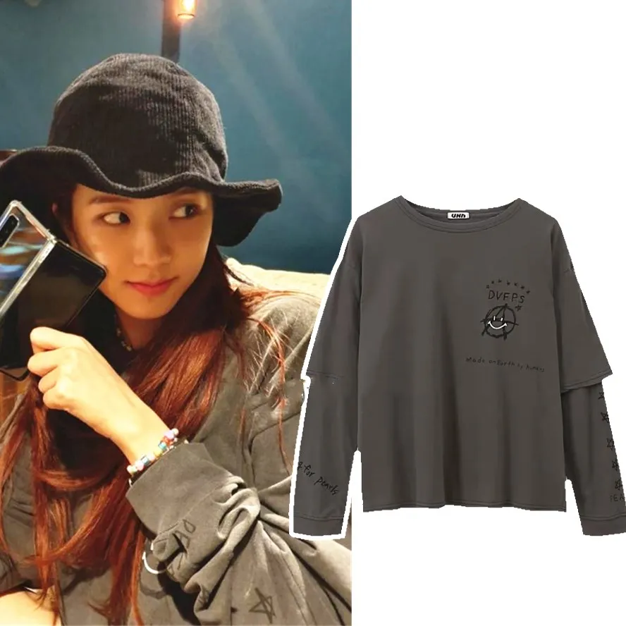 Kpop Черный Розовый jisoo же корейский Harajuku стиль Свободные Поддельные из двух частей толстовки для женщин осень тонкий свитшот с круглым вырезом леди топы