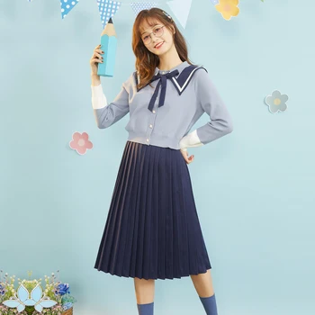 

IEF Spring College Style 2pcs Set Women Sailor Collar Single-breasted Knit Pullover High Waist Pleated Skirt 0D03A-D559-