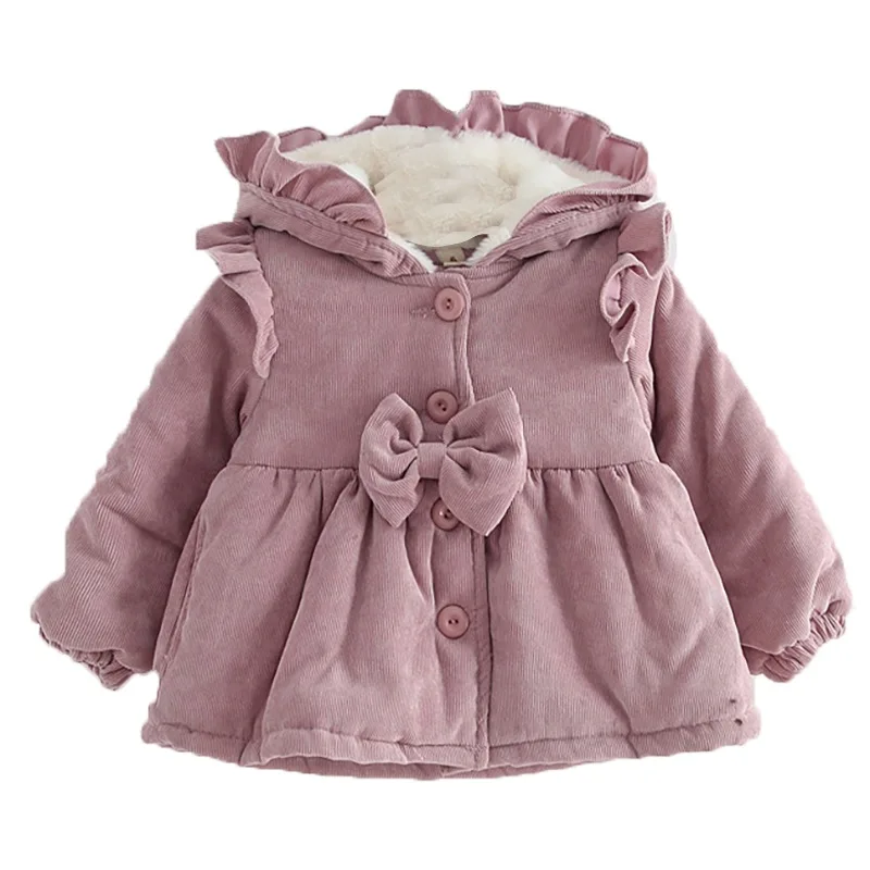 Зимнее теплое пальто для маленьких девочек куртка с капюшоном для маленьких детей милое плотное бархатное пальто для малышей однотонная детская верхняя одежда - Цвет: Розовый