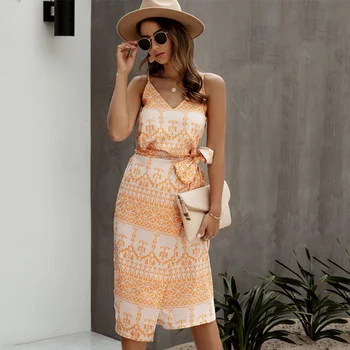 

Spaghetti Strap Printed Women Lace Up Midi Dress V-Neck Sleeveless Female Split Dresses 2020 Summer Fashion Ladies Vestidos