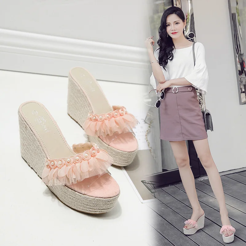 

Special Offer 2017 New Style Western Style Ultra-High-Heel Slanted Heel Transparent Pearl Sandals WOMEN'S Slippers