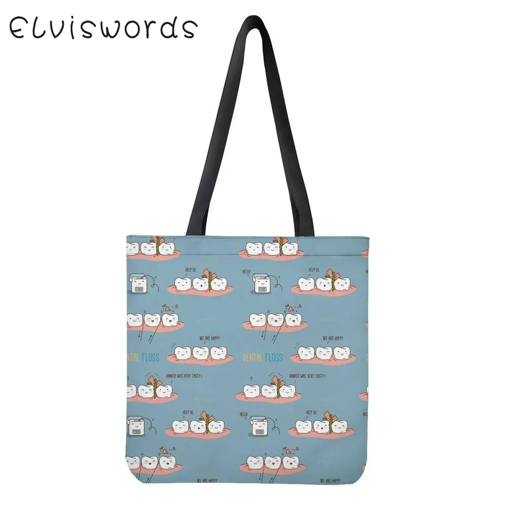 ELVISWORDS, женские сумки для покупок, Kawaii, для медсестры, стоматолога, с принтом зубов, холщовые женские сумки большой емкости, сумки Harajuku, torebki damski - Цвет: HXA212Z22