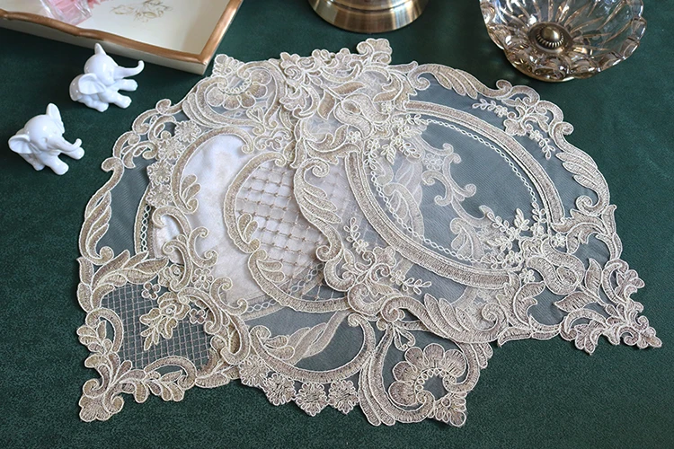 H0fa66ed6b87a48f6ba2015ccb58790dcL Oval 28x42cm European Luxury Lace Embroidered Restaurant Velvet Placemat Small Balcony Coffee Cup Table Mat Vase Pad Coaster Mallzona