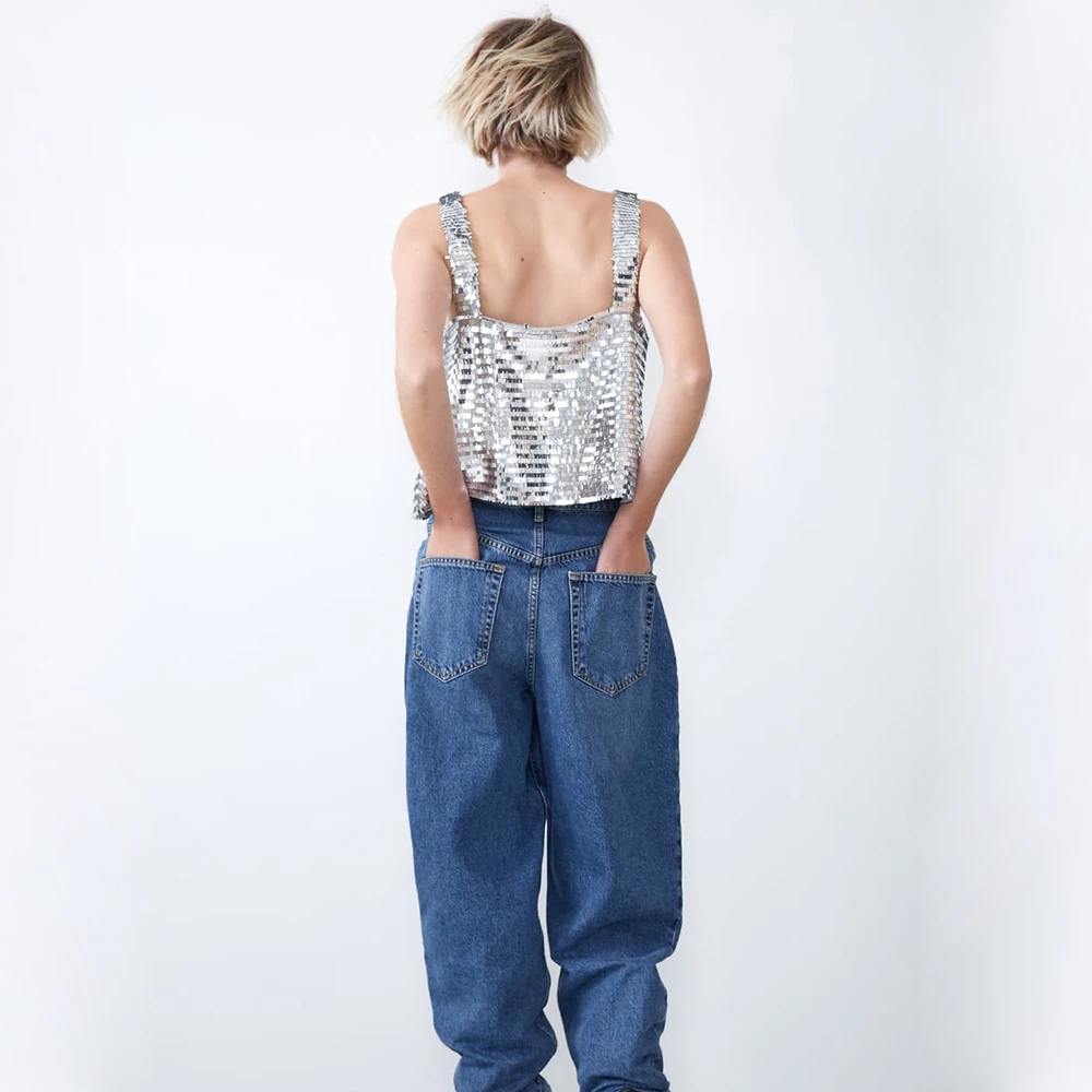 ZA Sequins сексуальный кожаный жилет для женщин модный весенний летний короткий элегантный сексуальный топ для ночного клуба Праздничный Рождественский подарок
