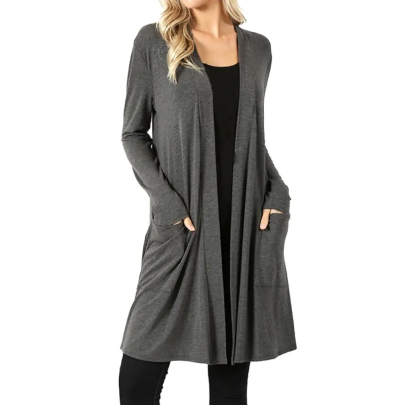 

Women Autumn Long Sleeve Casual 2019 Fashion Cardigans Female Solid Thin Cardigan Coat Pockets Decoration Streetwear Long Coat