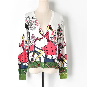 

2019 Popular V-neck Long Sleeves Women Cardigans with Cycling Red Dress Girl Print Sweater Knitted Cardigan Female Top White