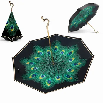 

Elegant Peacock Reverse Umbrella For Women Long-handle Black Coating Umbrella Parapluie Inverse Windproof Parapluie Pliant Men