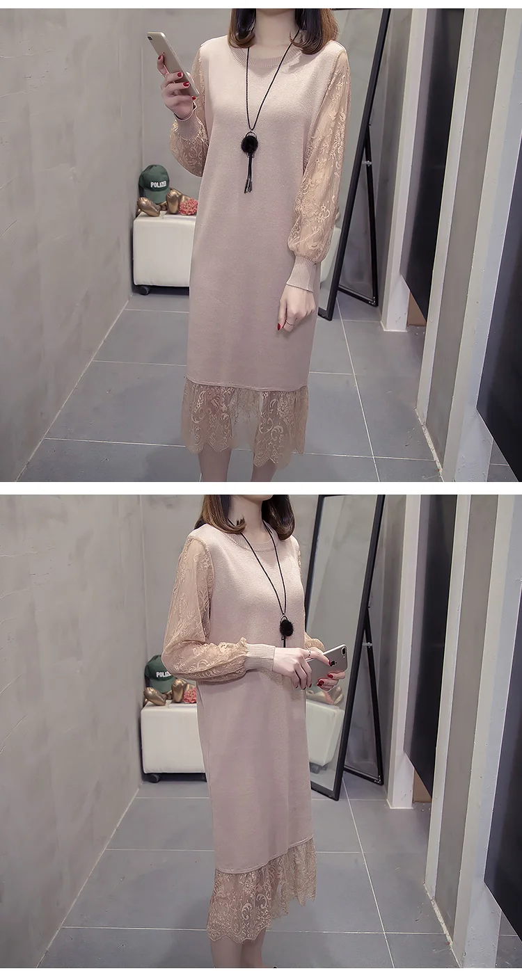 XL-4XL размера плюс, женское кружевное платье-свитер, Осень-зима, модное, длинный рукав, пэтчворк, вязанное, для девушек, элегантное, миди платье