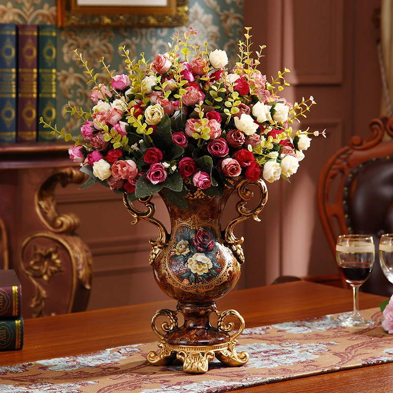 European Resin Vase+artificial Flower Set Figurines Home Furnishing