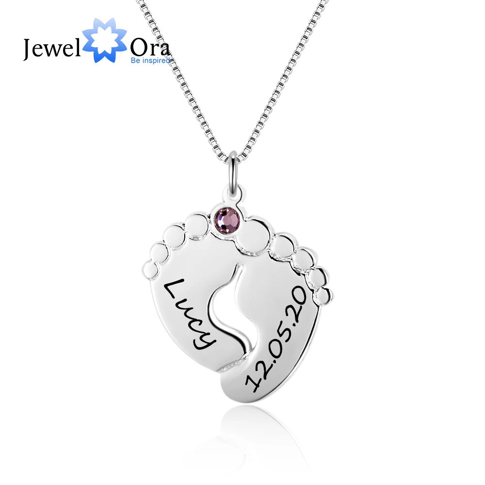 Silver 16 Personalized Family Necklace Custom Name & Birthstone Necklace Baby Foot Pendant 