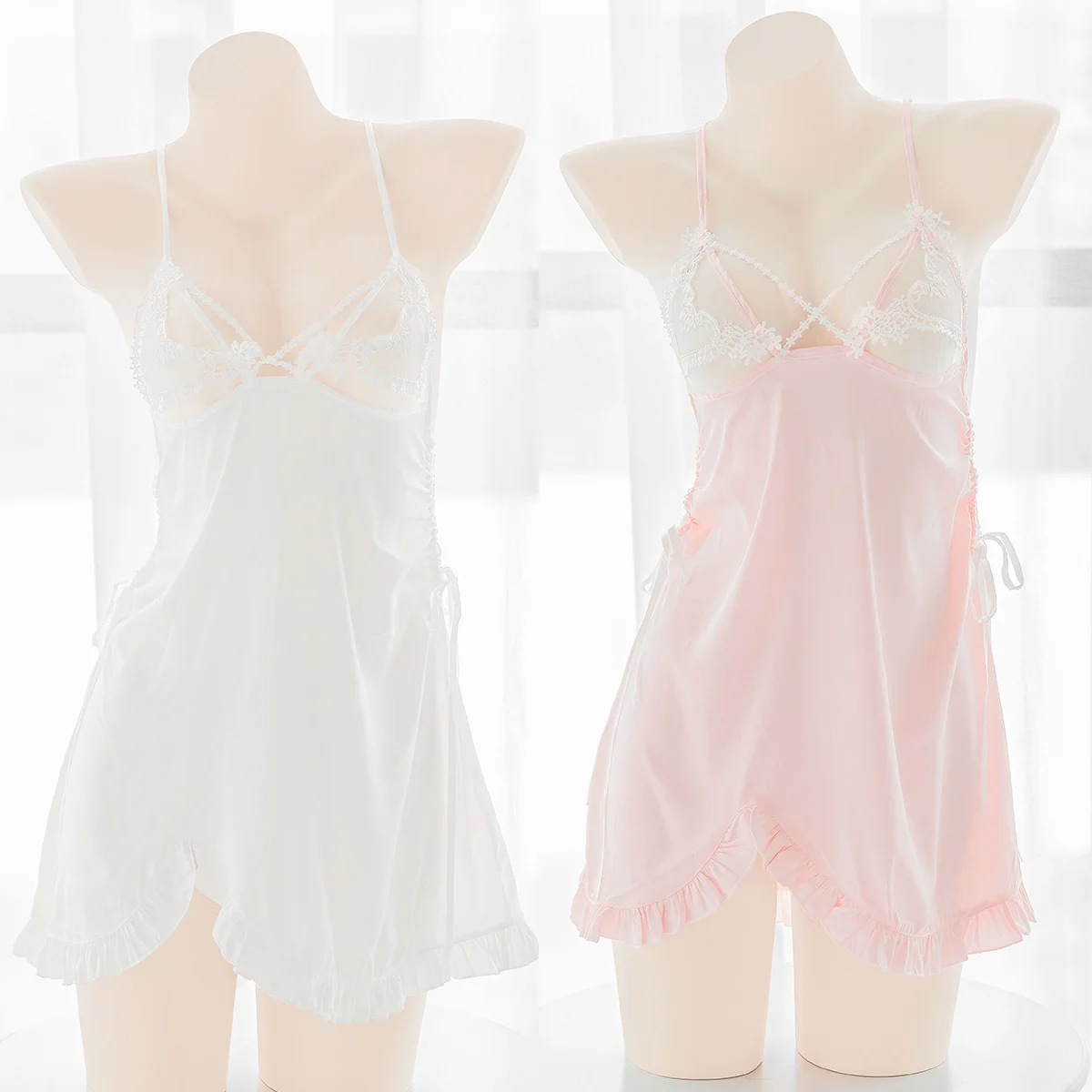 

Sweet love embroidery lace sexy suspender nightdress cute backless deep V perspective imitation silk pajama Japanese Lolita sexy