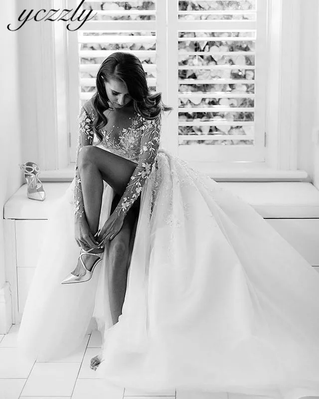 Свадебное платье с разрезом пикантная Иллюзия Кружева аппликация алмаз Русалка свадебное платье со съемной юбкой с длинными рукавами платье невесты