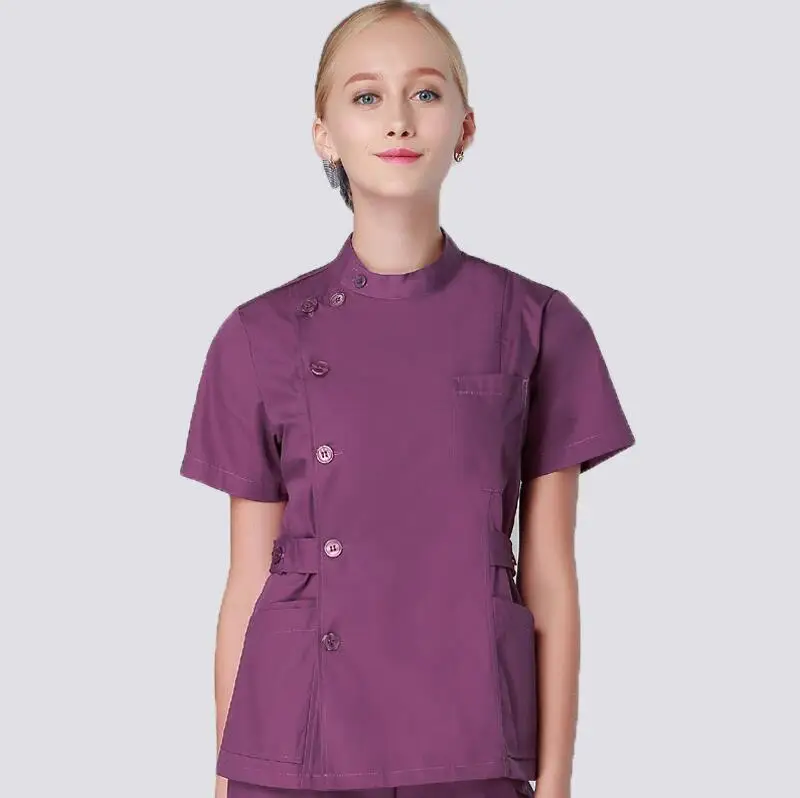 Dark Purple Short Летний женский медицинский скраб для больниц, набор одежды, модный дизайн, облегающие зубные скрабы для салона красоты, мужская униформа медсестры - Цвет: Dark Purple Short