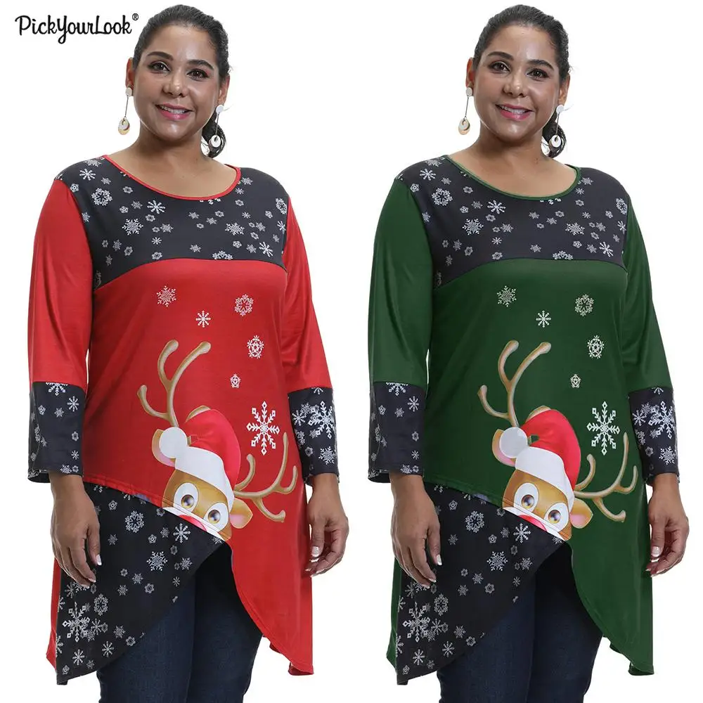 

L-6XL Women Plus size Christmas irregular hem tops Reindeer Print Long Sleeve Round neck Winter Women Pullovers D30