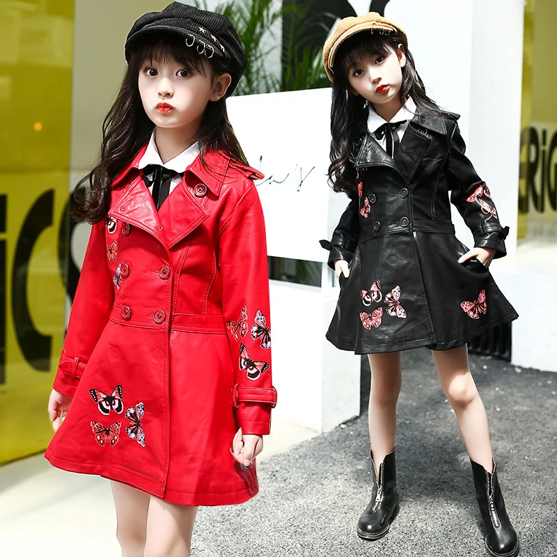 Children's pu Leather Skirt Jacket Girls Long Motorcycle Kids Butterfly Pattern Zipper Belt Fashion Spring Autumn Coats | Детская