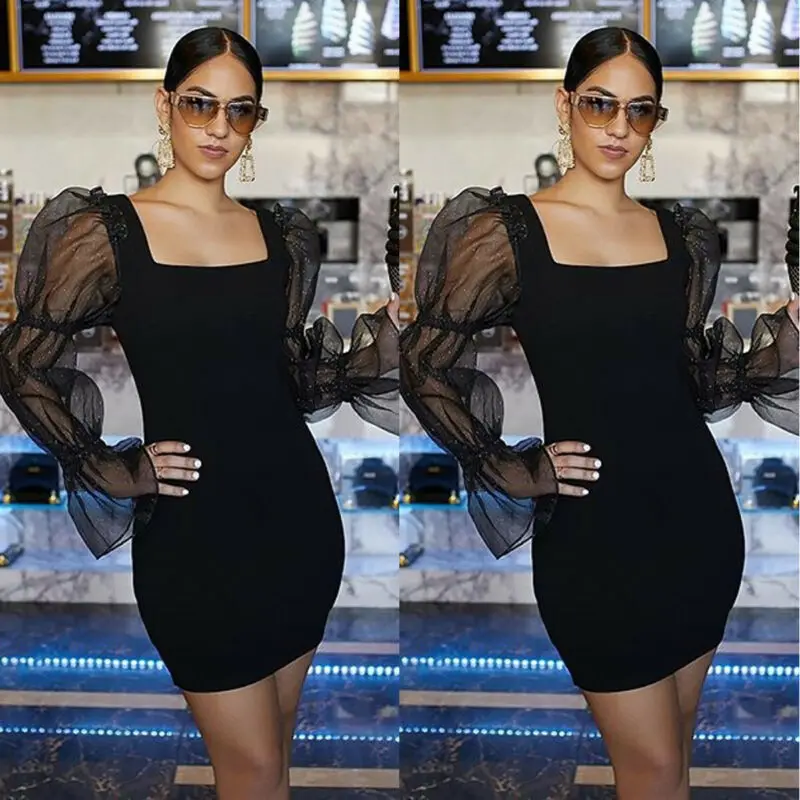 2020 Spring Womens Sexy Mesh Sheer Puff Long Sleeve Bodycon Ladies Evening Party Mini Dress Femma Vestito