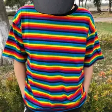 Harajuku/женская футболка в стиле панк с длинным рукавом для девочек, Радужный свитер в полоску, туника, топы, Повседневная Свободная уличная одежда в стиле хип-хоп