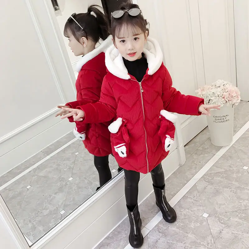 Г., зимняя куртка для девочек детское теплое пальто одежда с капюшоном из толстого меха детские зимние парки верхняя одежда с героями мультфильмов для девочек от 2 до 13 лет - Цвет: bunny-red