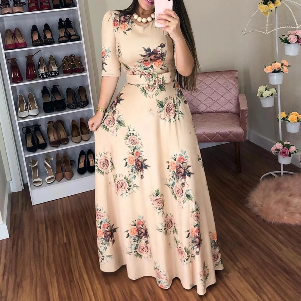 Vestidos de verano de mujer 2019 otoño Casual media manga una línea Vestido largo Boho estampado Floral Maxi Vestido cintura alta|Vestidos| - AliExpress