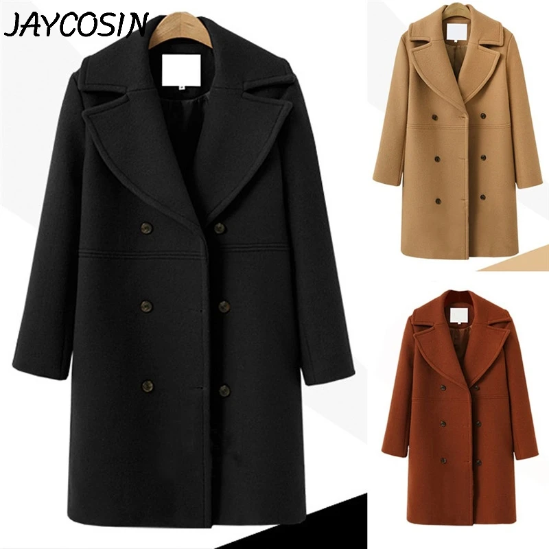 

JAYCOSIN Women Woollen Coat Lapel Button Wool Coat Jacket Long Parka Overcoat Double Breasted Long Outwear Coat casaco feminino