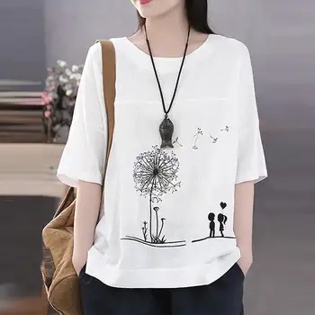 

Women Blouse Casual O Neck Loose Tunic Tops 2020 Autumn Fashion Cartoon Printed 3/4 Sleeve Cotton Shirt Female Blusas Chemise