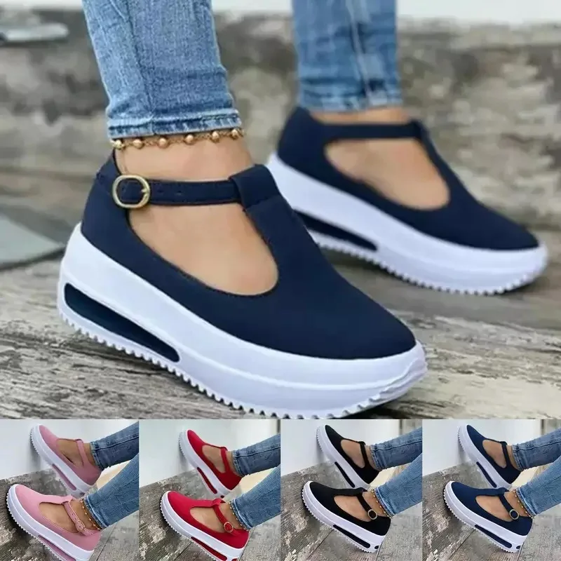 Zapatillas de deporte informales para mujer, zapatos planos con tacones medios gruesos, de malla, transpirables, vulcanizados, de talla grande, para verano