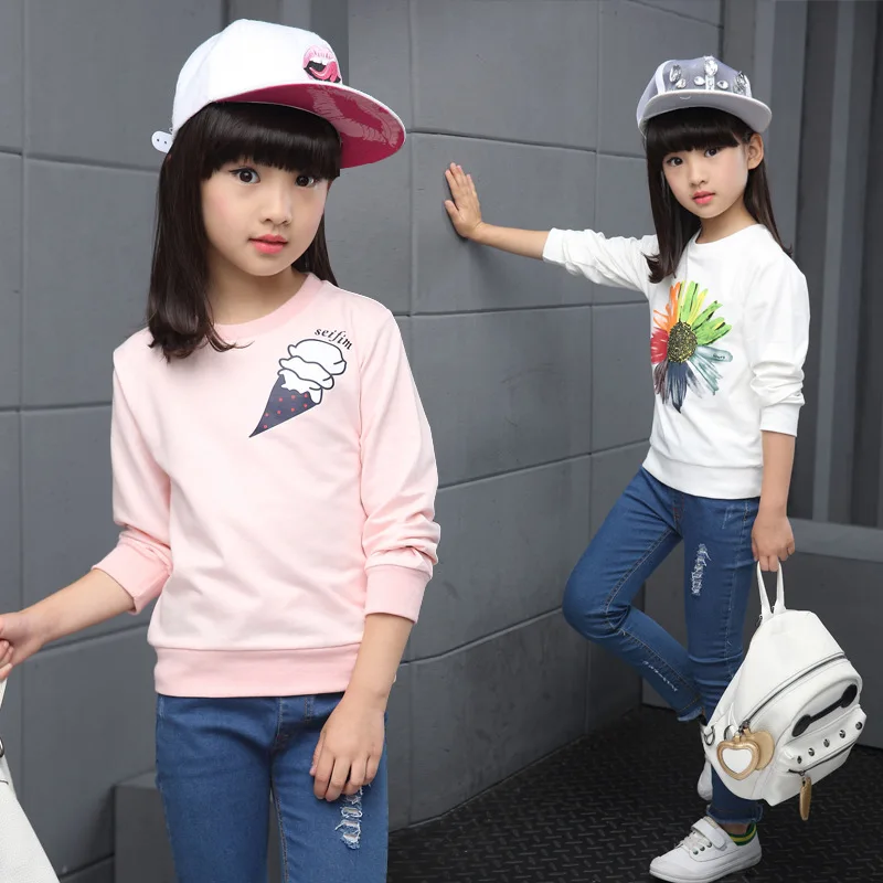 Hot Sale Girls Clothes Spring And Autumn T-shirt Floral Printed Cotton Fleece Children's Wear Long Sleeve For 3-15 Years Old
