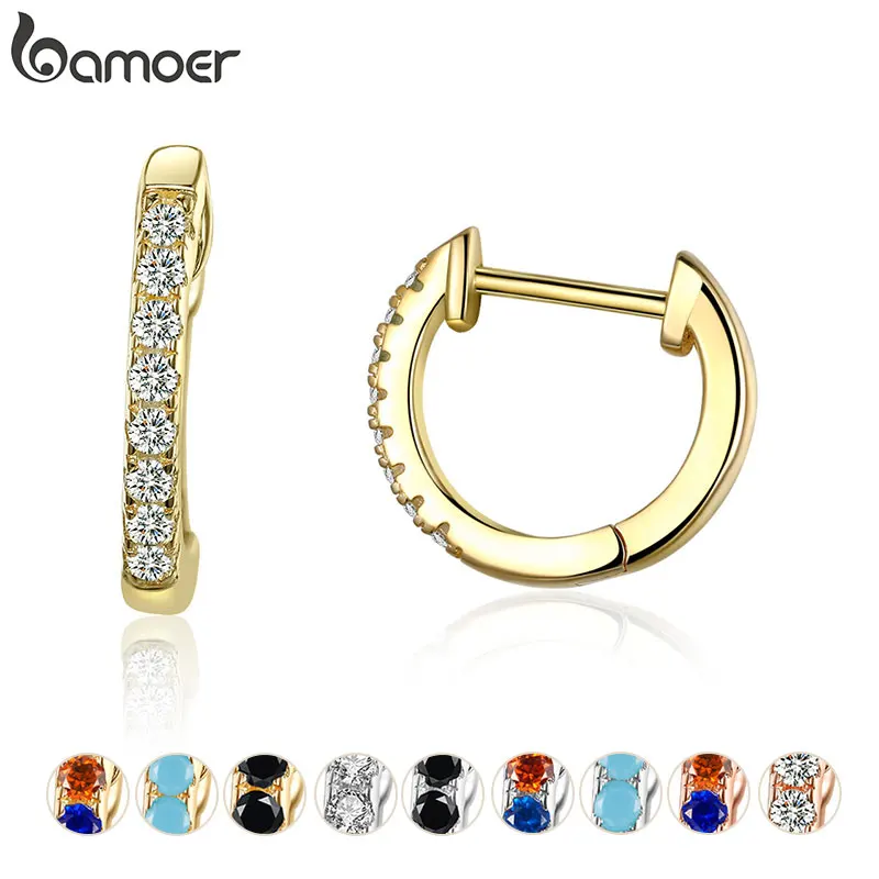 Bamoer 925 Silver Huggie Hoop Earrings for Women with Cubic Zirconia 10 Colors Gold Color Statement Jewelry SCE498