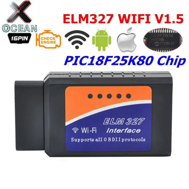 

ELM327 WIFI оборудование V1.5 PIC18F25K80 чип OBDII считыватель кодов ELM 327 WIFI V1.5 поддерживает Android/iOS/Windows OBD2 диагностический инструмент