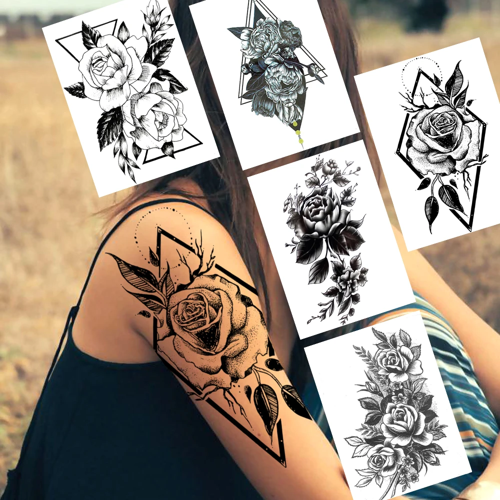 Fashion Black Flower Temporary Tattoos Sticker For Women Body Art Arm Tatoos Festival Realistic Fake Geometric Rose | Красота и