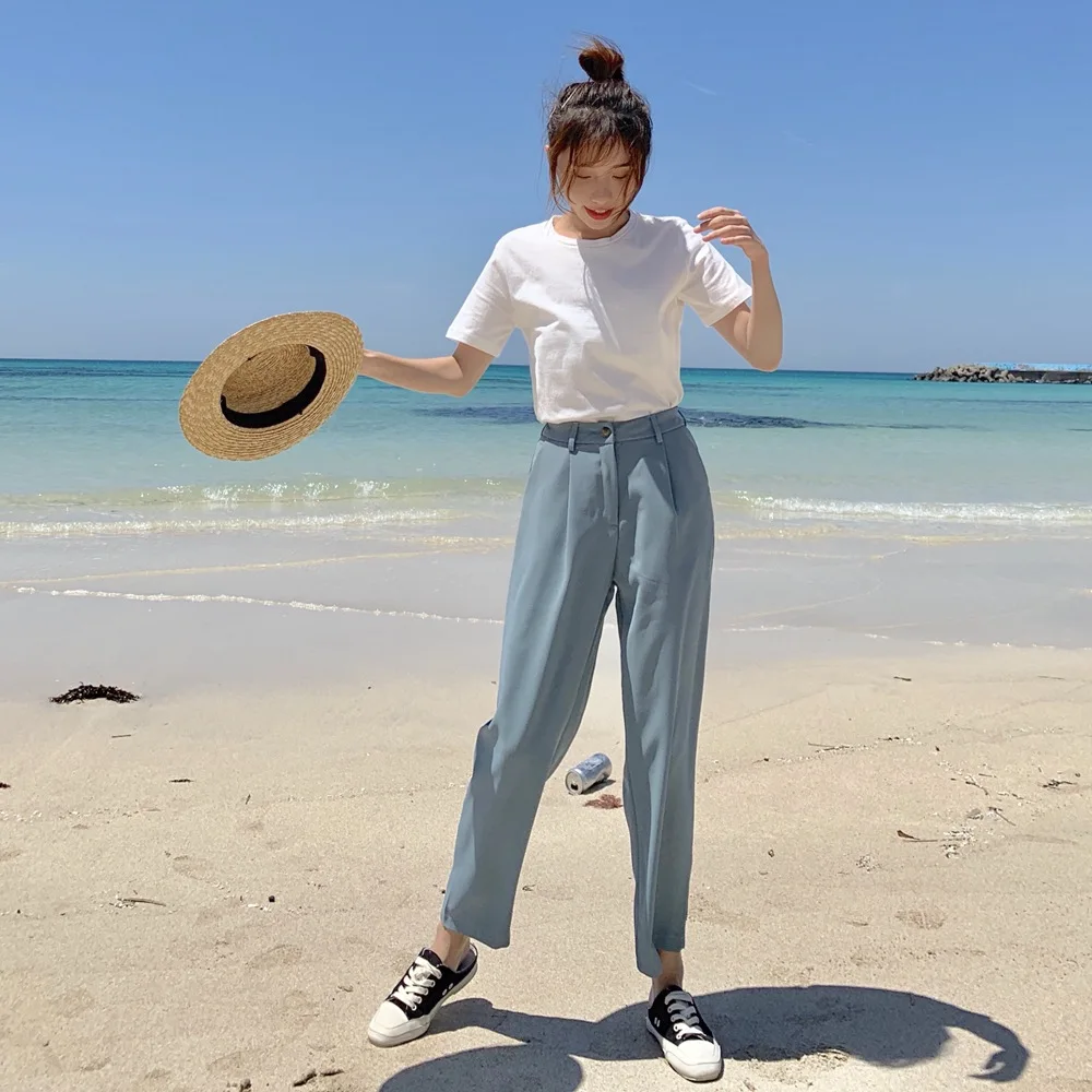 

Photo Shoot 2019 Summer New Style Korean-style WOMEN'S Wear-Style Retro Simple T-shirt + High-waisted Suit Pants Two-Piece Set