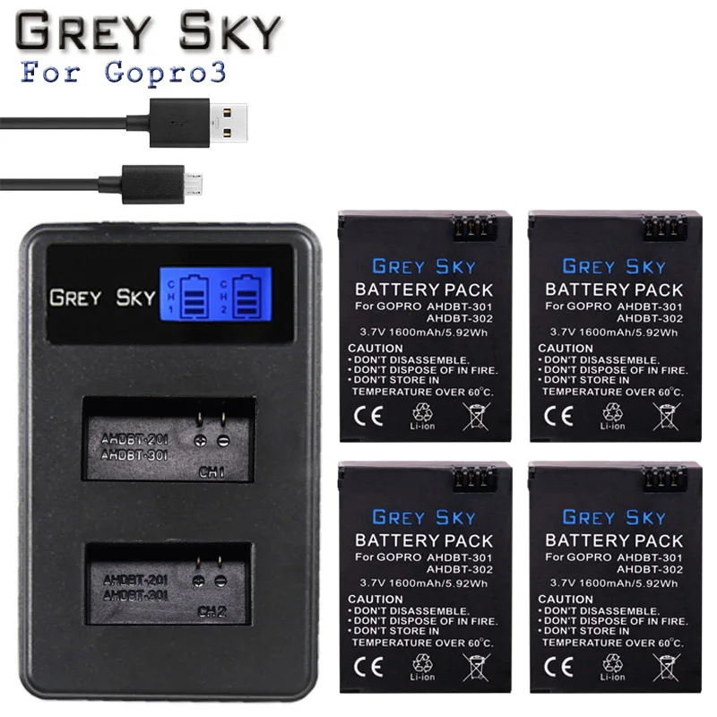 For GoPro Hero3 Hero3+ hero 3 hero 3+ battery+LCD dual charger for go pro AHDBT-301 action camera accessory - Цвет: Charger and 4battery