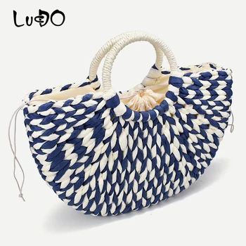 

New Women Round Bucket Semicircle Straw Bag Handmade Net Color Woven Basket Rattan Handbag Female Travel Beach Bags For Holiday