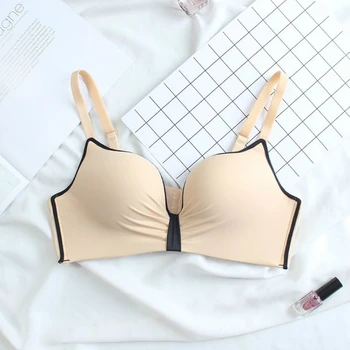 

New Seamless Rimless Bra Gathered Concentrated Contrast Color Binding Cat Ears Thick Small Bust Gathering Adjustable Underwear