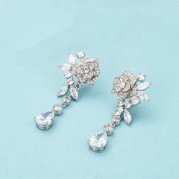 

925 Sterling silver Exquisite crystal Camellia Earring Elegant geometric rose flower Stud Earring Romantic Wedding party jewelry
